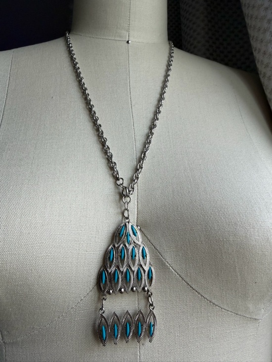 Vintage Jewelry - Vintage | Silver-tone Turquoise Color Pendant Dangle Bohemian 24 Inch Necklace